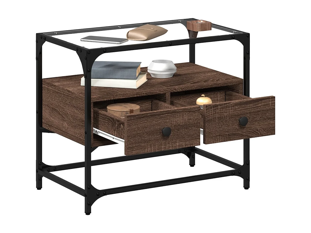 Meuble TV | Banc TV | Armoire TV avec dessus en verre chêne marron bois d'ingénierie