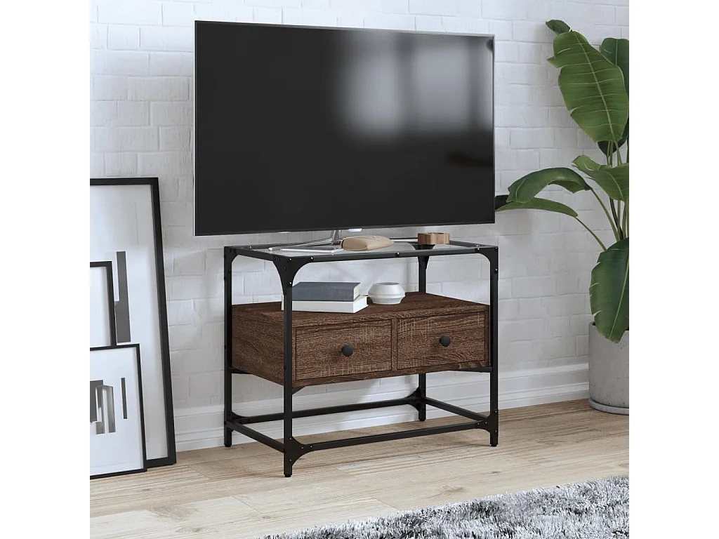 Meuble TV | Banc TV | Armoire TV avec dessus en verre chêne marron bois d'ingénierie