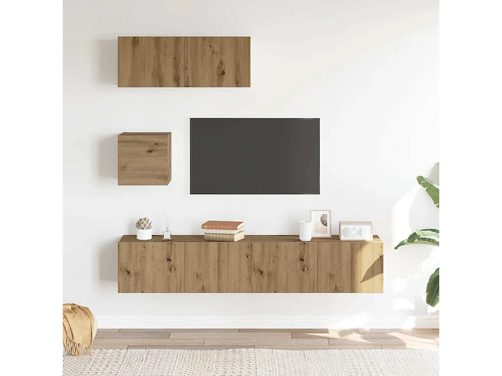 4-delig Tv-meubelset | Tv-Bank | TV-kast wandmontage bewerkt hout artisanaal eiken
