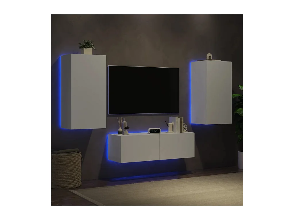 Meuble TV | Banc TV | Armoire TV muraux 3 pcs avec lumières LED blanc