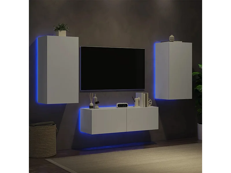 Meuble TV | Banc TV | Armoire TV muraux 3 pcs avec lumières LED blanc