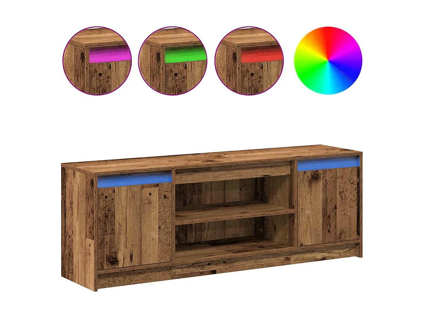 Meuble TV | Banc TV | Armoire TV avec LED - Bois vieilli, 139,5x34x50 cm, fait en aggloméré.