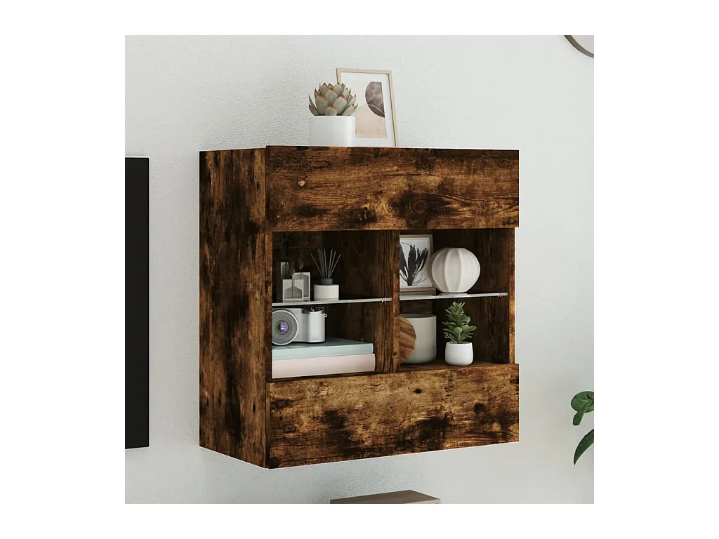 Meuble TV | Banc TV | Armoire TV mural avec lumières LED chêne fumé 58,5x30x60,5 cm