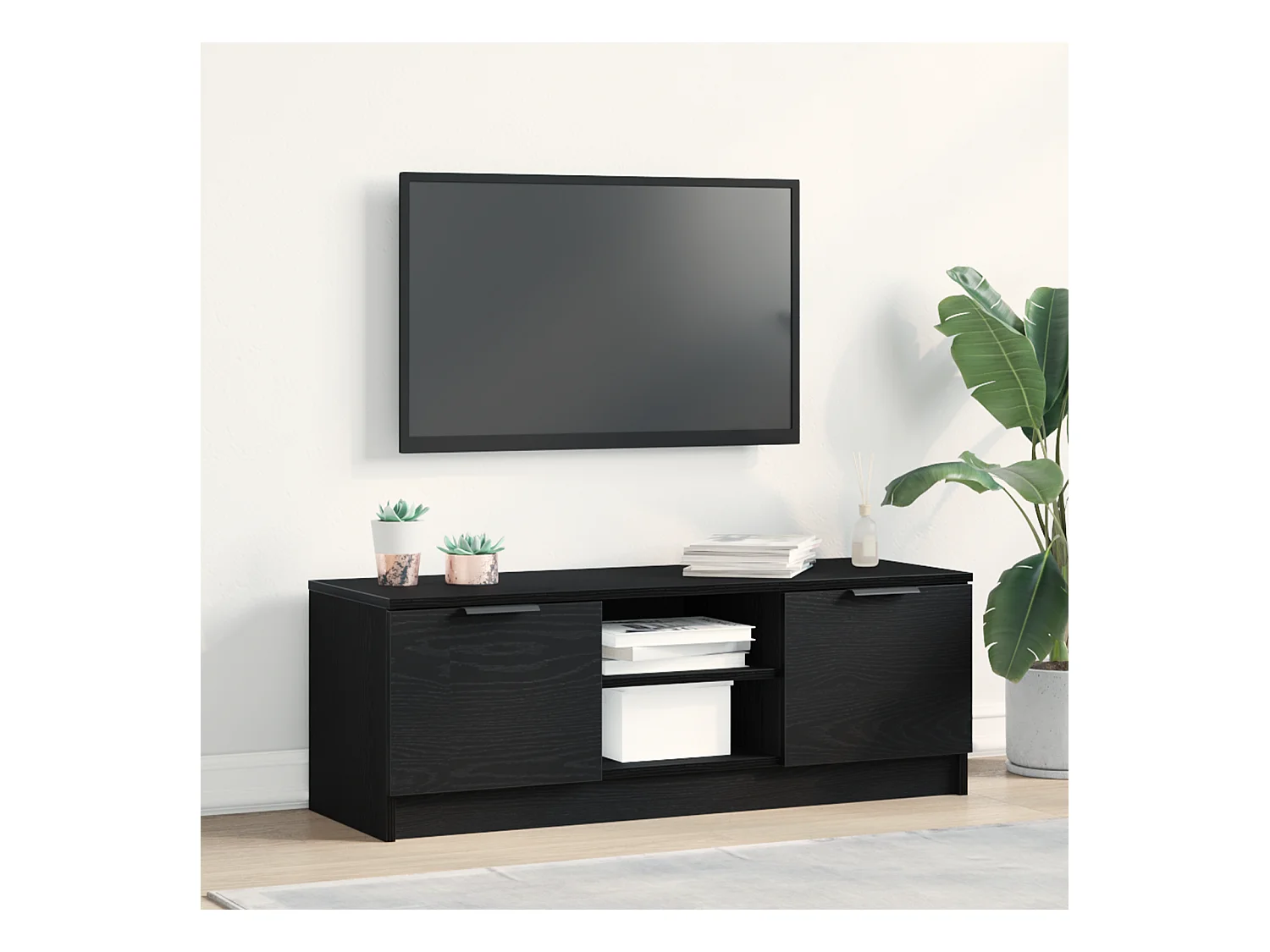 Meuble TV | Banc TV | Armoire TV Noir Chêne 102x35x36,5 cm Bois d'ingénierie