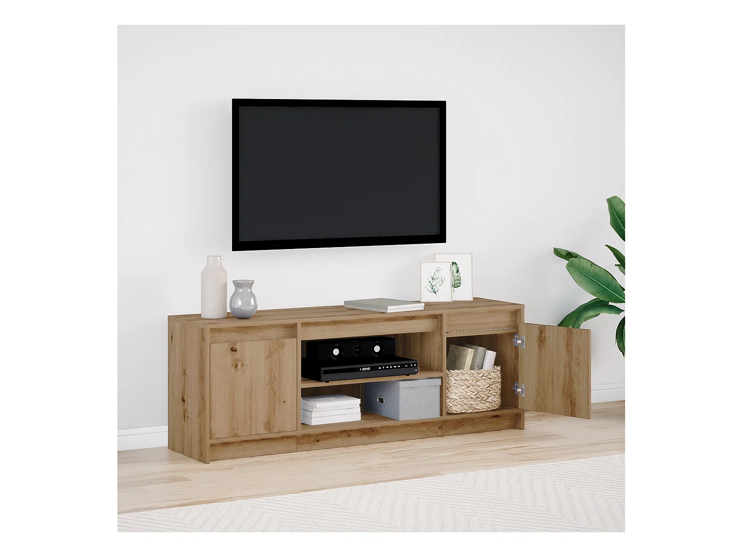Meuble TV | Banc TV | Armoire TV avec LED en chêne, 139.5x34x50 cm, fabriqué en bois d'ingénierie