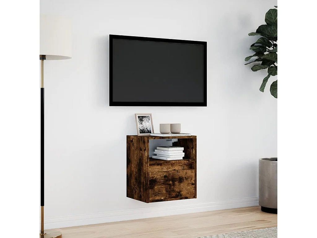 Mueble de TV | Mueble de salón de pared con luces LED roble ahumado 41x31x45 cm