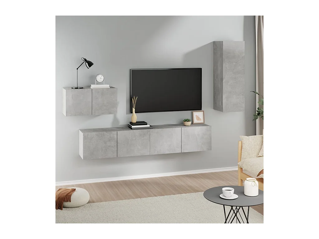 Set de muebles de TV | Gabinetes de TV |  Muebles de salón 4 pzas madera contrachapada gris hormigón