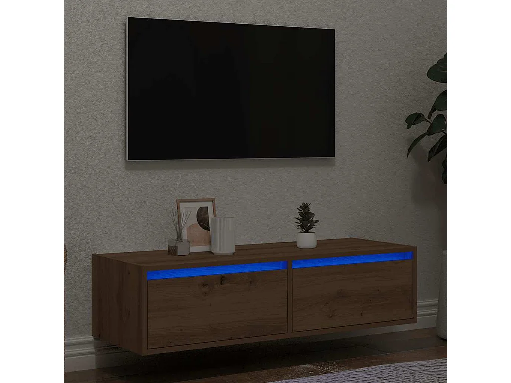 Meuble TV | Banc TV | Armoire TV avec lumières LED chêne artisanal 100X35,5x25 cm