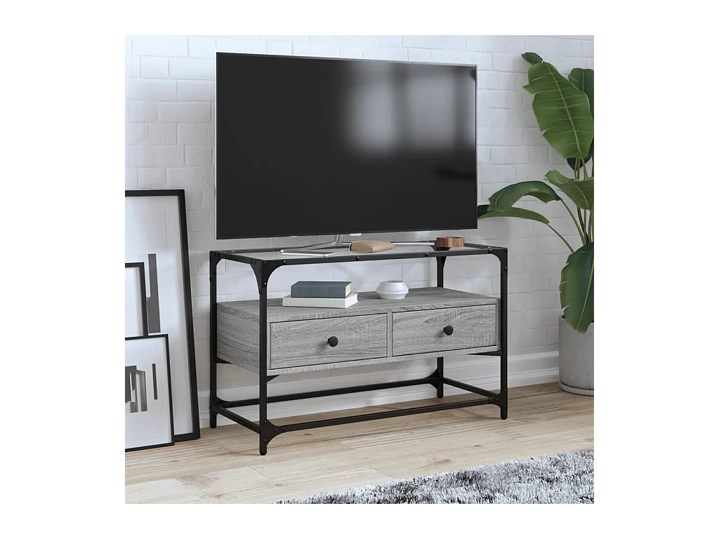 Meuble TV | Banc TV | Armoire TV avec dessus en verre sonoma gris bois d'ingénierie