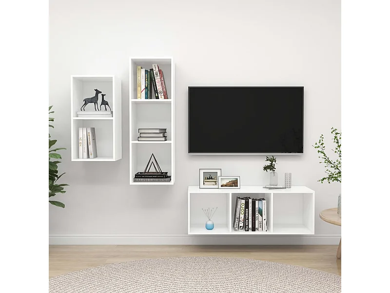 Muebles de salón | Gabinetes de TV |  Muebles de TV 3 piezas madera de ingeniería blanco brillo