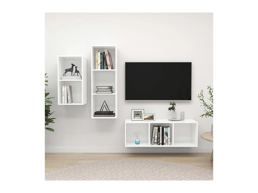 Muebles de salón | Gabinetes de TV |  Muebles de TV 3 piezas madera de ingeniería blanco brillo