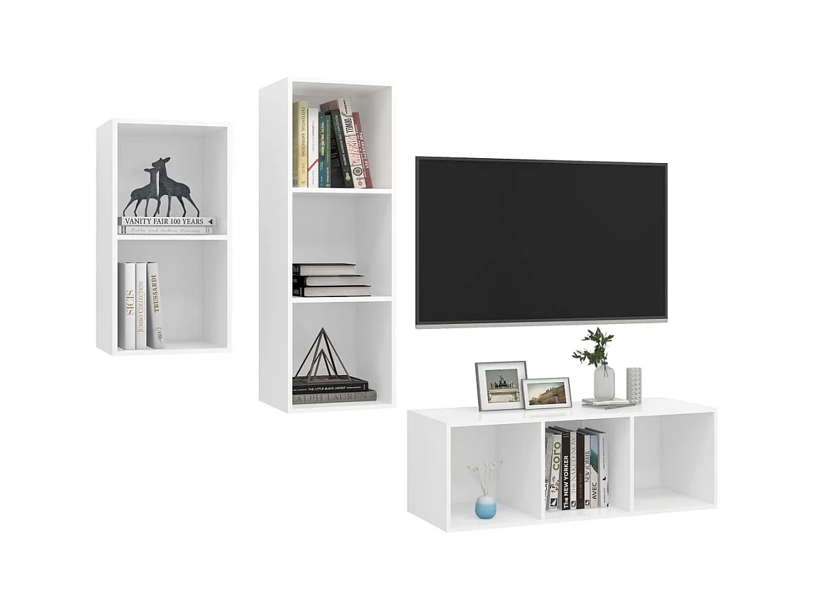 Muebles de salón | Gabinetes de TV |  Muebles de TV 3 piezas madera de ingeniería blanco brillo