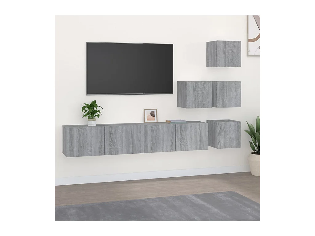 Mueble de pared para TV | Gabinete de TV | Mueble de salón madera contrachapada gris sonoma