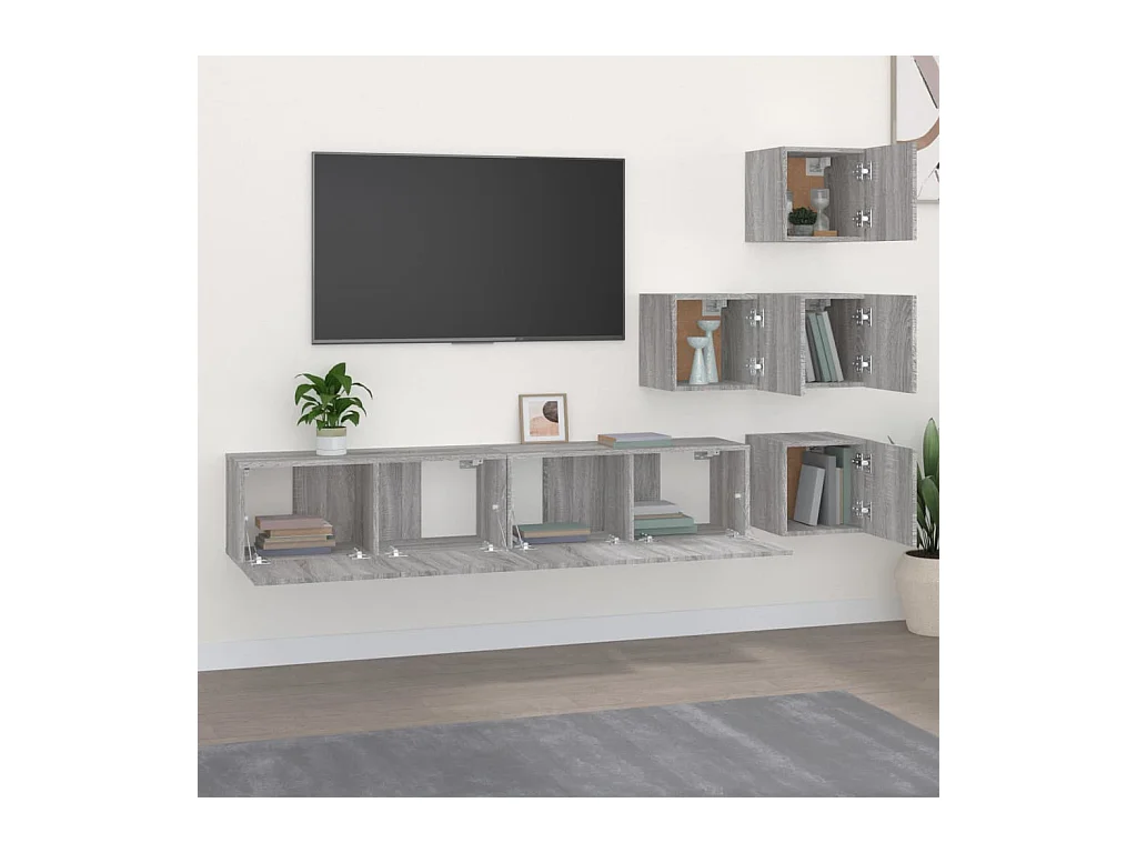 Mueble de pared para TV | Gabinete de TV | Mueble de salón madera contrachapada gris sonoma