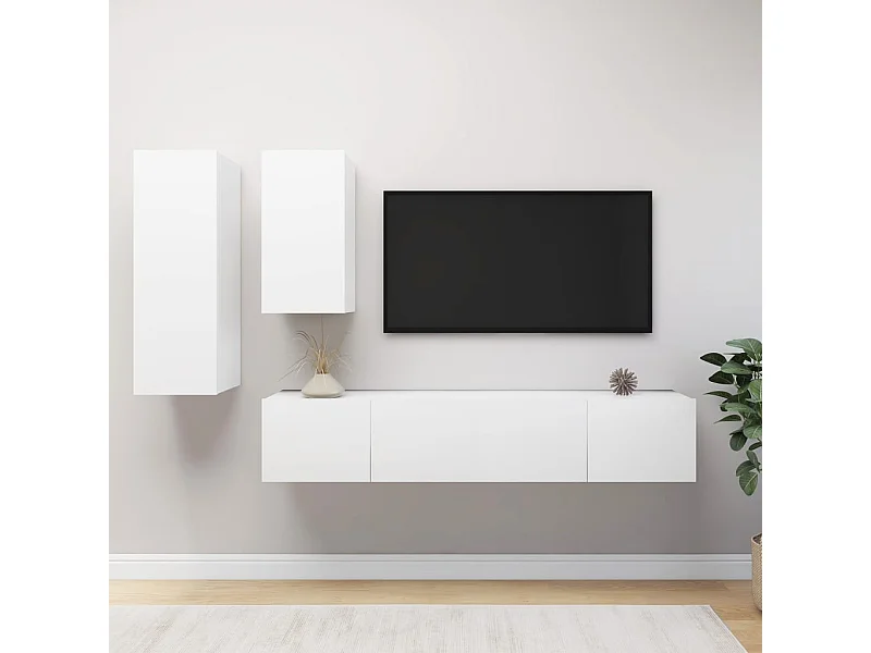 Set de muebles de salón TV | Gabinetes de TV |  Muebles de TV 4 piezas madera de ingeniería blanco