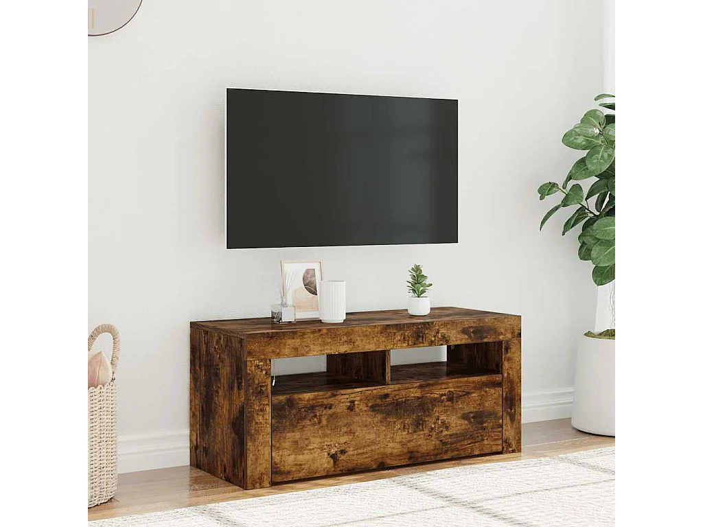 Meuble TV | Banc TV | Armoire TV avec lumières LED Chêne fumé 90x35x40 cm