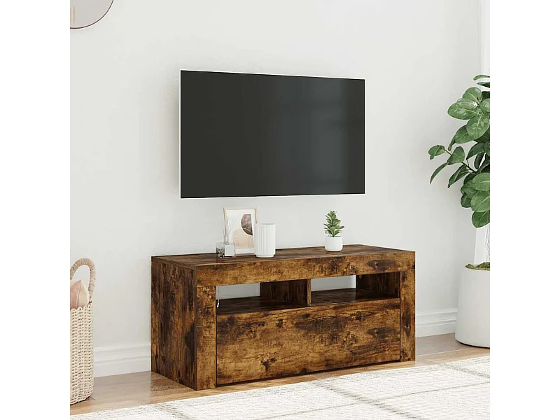 Meuble TV | Banc TV | Armoire TV avec lumières LED Chêne fumé 90x35x40 cm