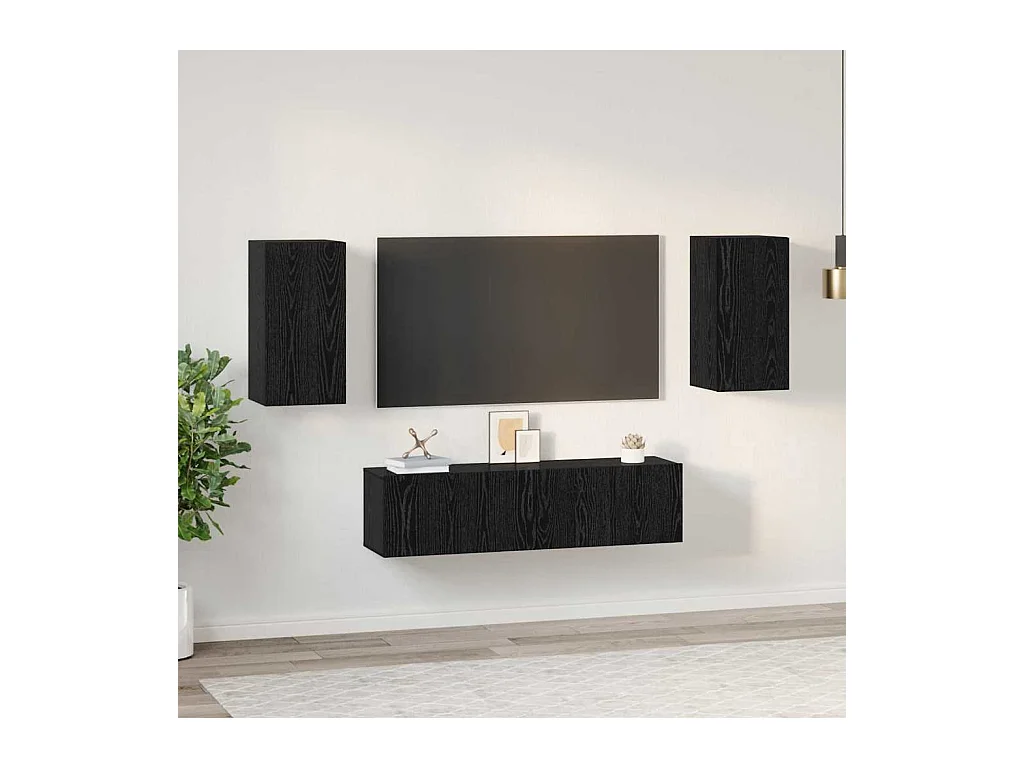 Conjunto de Mueble de TV | Mueble de salón Montaje en la pared 4 pcs Roble negro