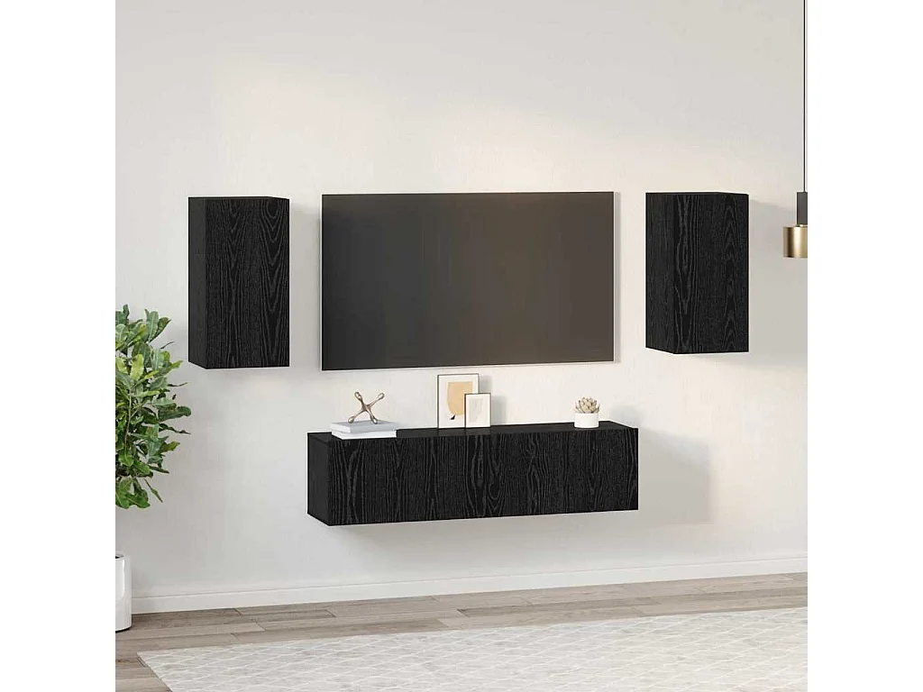 Conjunto de Mueble de TV | Mueble de salón Montaje en la pared 4 pcs Roble negro