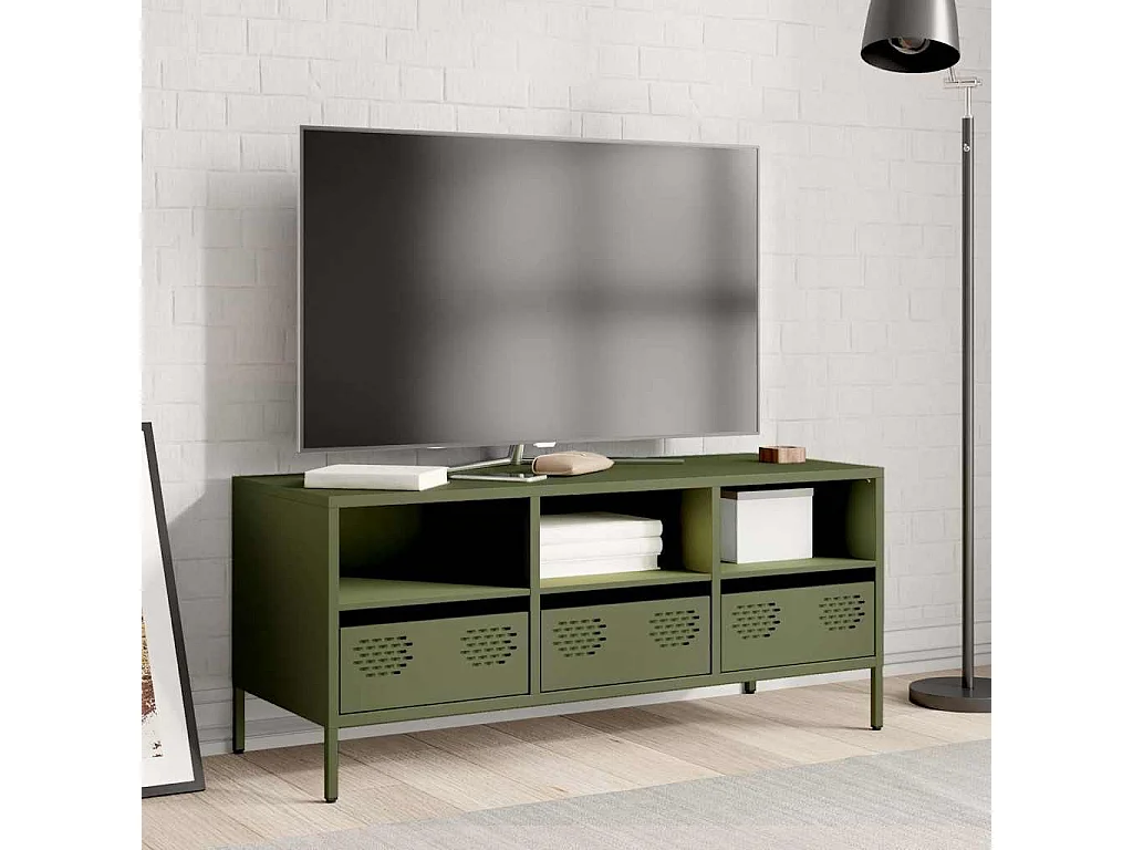 Meuble TV | Banc TV | Armoire TV vert olive 101,5x39x43,5 cm acier laminé à froid
