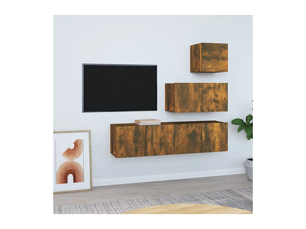 Set de muebles de TV | Gabinetes de TV |  Muebles de salón 4 pzas madera contrachapada roble ahumado