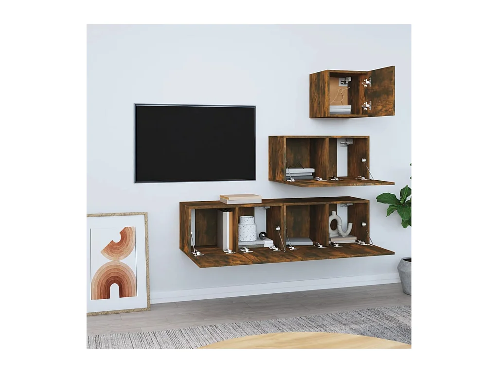 Set de muebles de TV | Gabinetes de TV |  Muebles de salón 4 pzas madera contrachapada roble ahumado