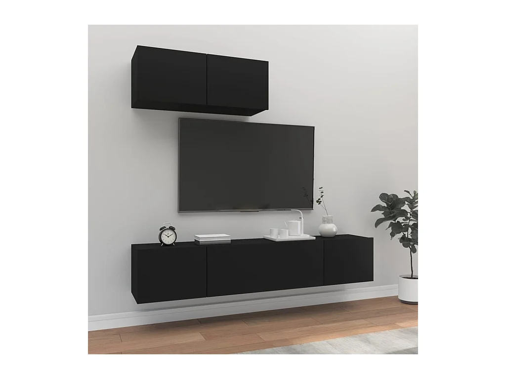 Set de muebles para TV  | Gabinetes de TV |  Muebles de salón 3 piezas madera contrachapada negro