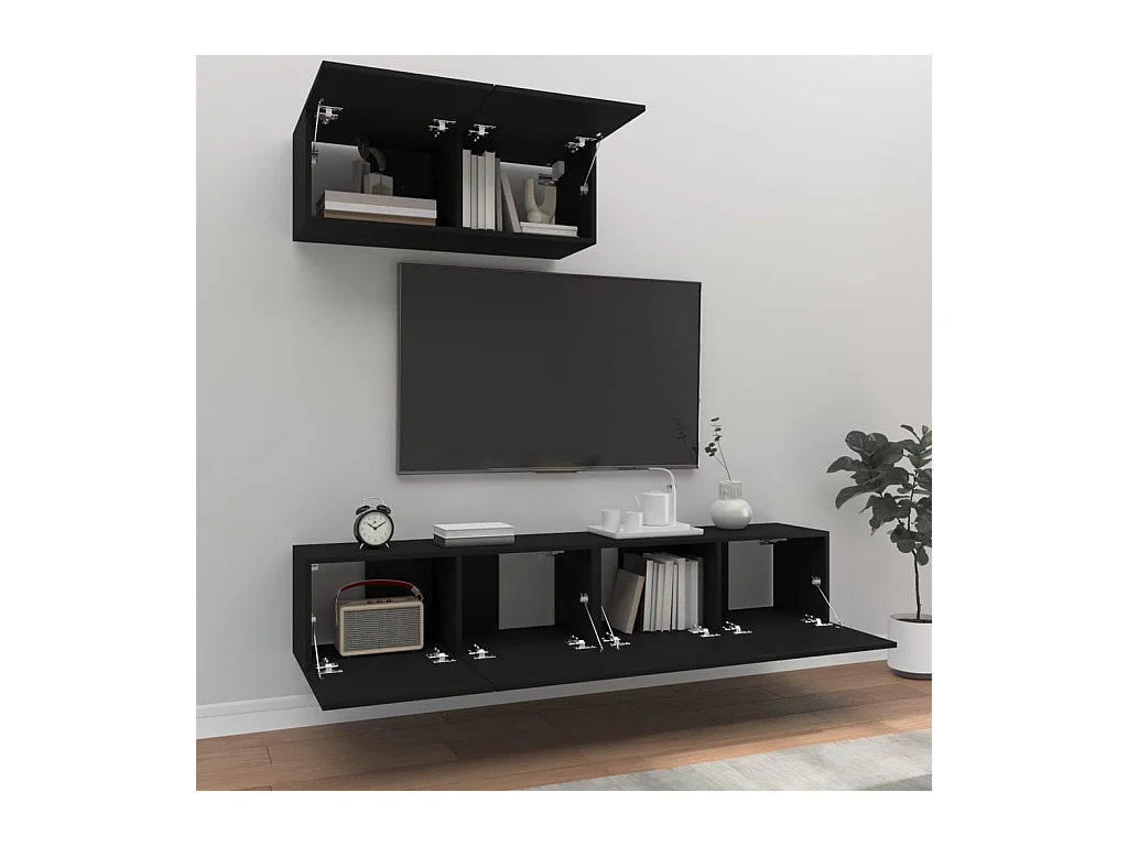 Set de muebles para TV  | Gabinetes de TV |  Muebles de salón 3 piezas madera contrachapada negro