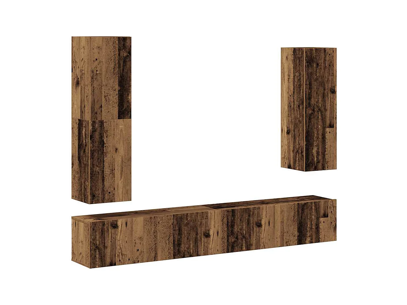 4-delig Tv-meubelset | Tv-Bank | TV-kast wandmontage bewerkt hout oud houtkleurig