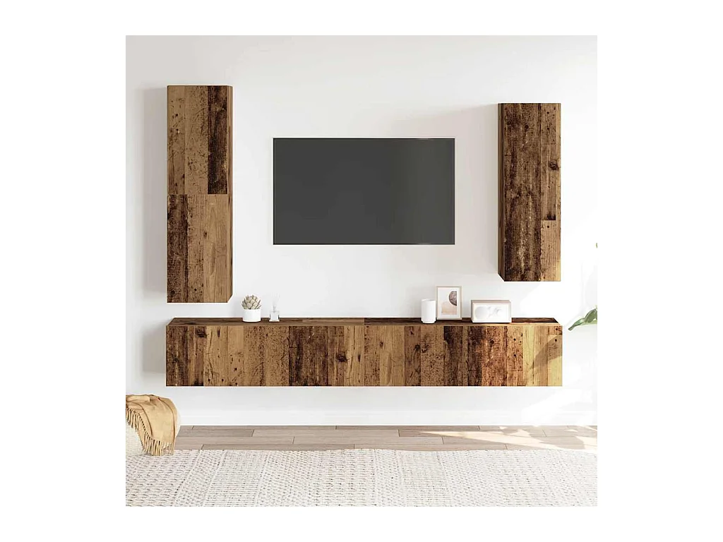 4-delig Tv-meubelset | Tv-Bank | TV-kast wandmontage bewerkt hout oud houtkleurig