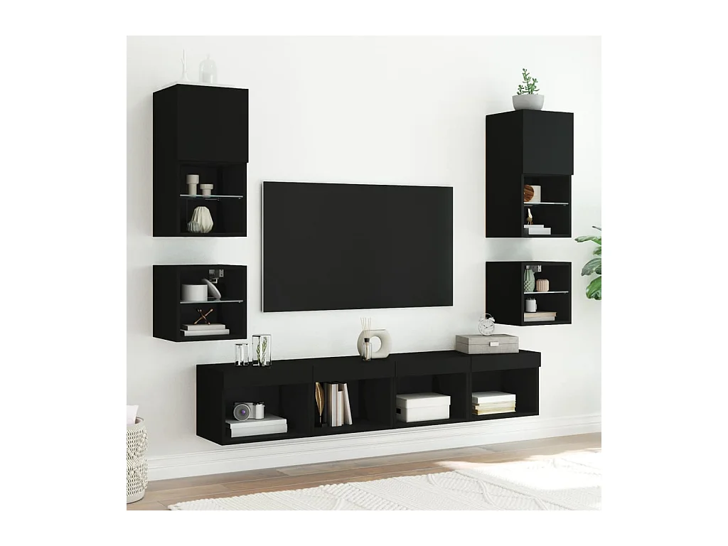 Muebles de TV | Gabinetes de TV |  Muebles de salón de pared con luces LED 2 uds negro 30x28,5x30 cm