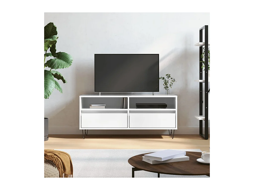 Mueble de TV | Mueble de salón madera contrachapada blanco brillo 100x34,5x44,5cm