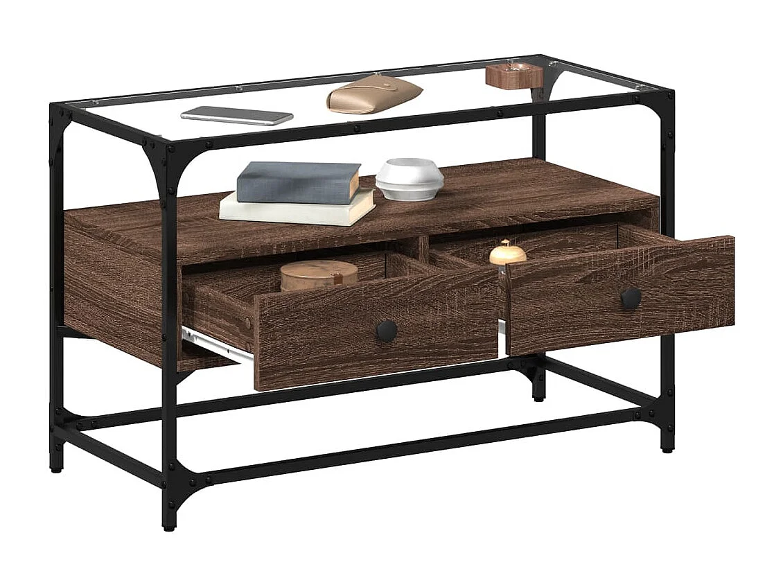 Mueble TV | Gabinete de TV | Mueble de salón cristal y madera ingeniería marrón roble 80x35x51 cm