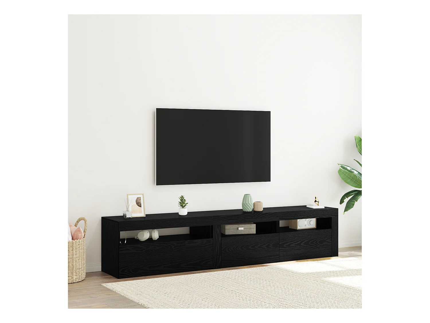 Coffres | Bancs TV 2 pcs avec lumières LED en bois d'ingénierie noir chêne
