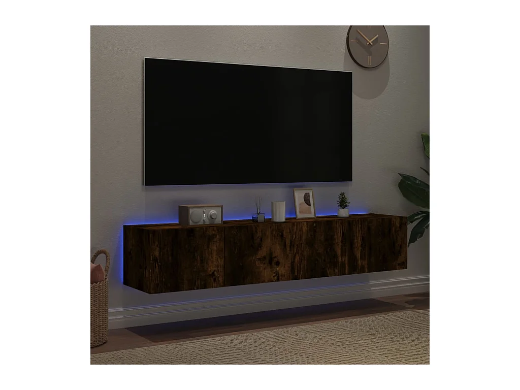 Muebles TV | Gabinetes de TV | Muebles de salón de pared luces LED 2 uds roble ahumado 80x35x31 cm