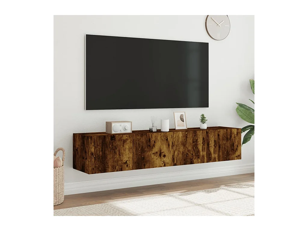 Muebles TV | Gabinetes de TV | Muebles de salón de pared luces LED 2 uds roble ahumado 80x35x31 cm