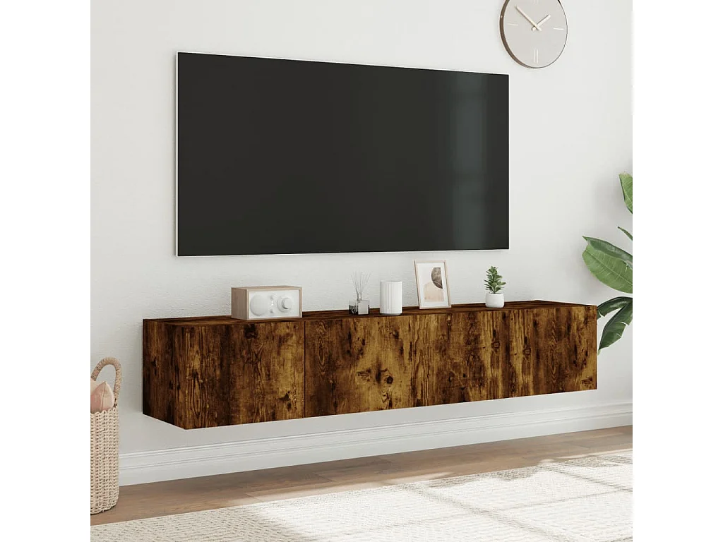 Muebles TV | Gabinetes de TV | Muebles de salón de pared luces LED 2 uds roble ahumado 80x35x31 cm