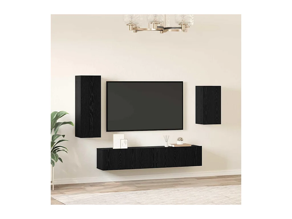Conjunto de Mueble de TV | Mueble de salón 4 pcs Roble negro Madera contrachapada
