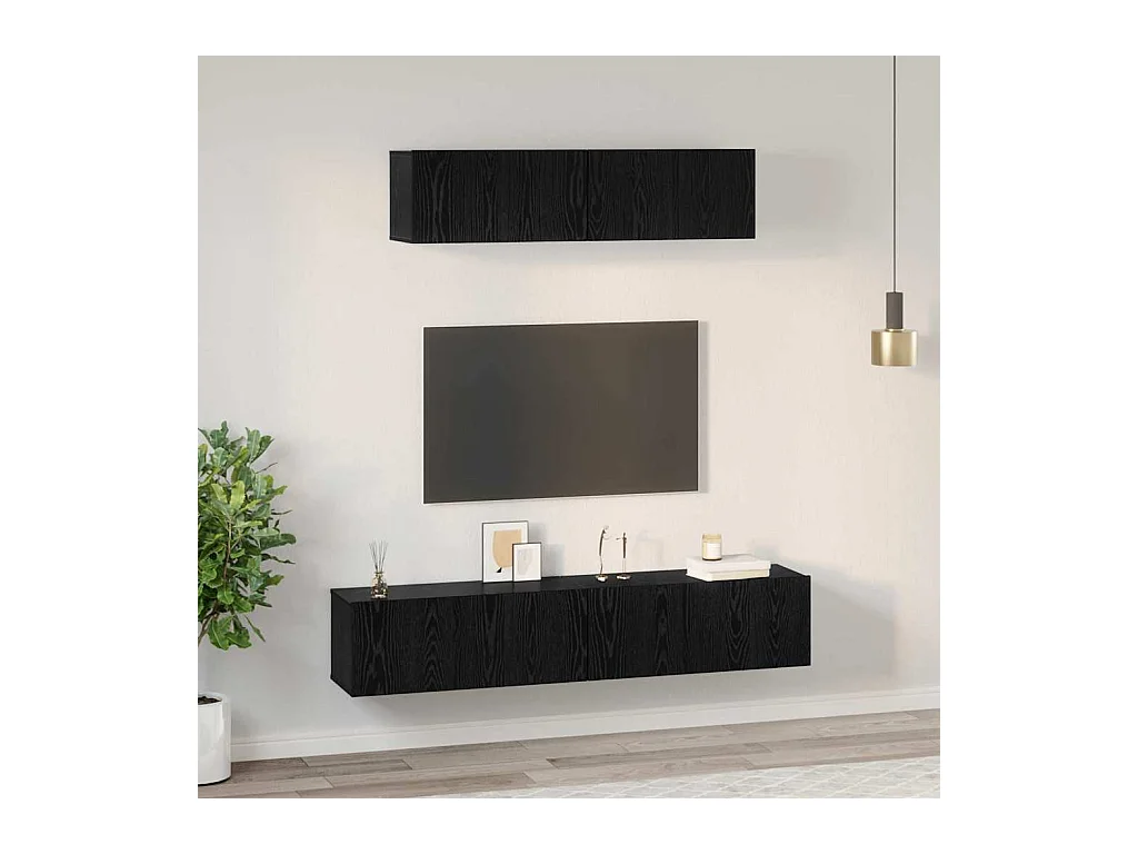 Mueble de TV | Mueble de salón de Pared 4 pcs Roble Negro Madera contrachapada