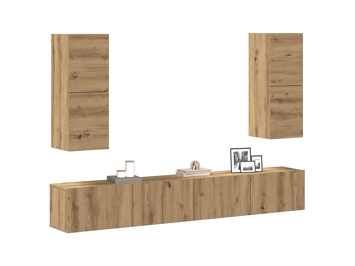 4-delig Tv-meubelset | Tv-Bank | TV-kast wandmontage bewerkt hout artisanaal eiken