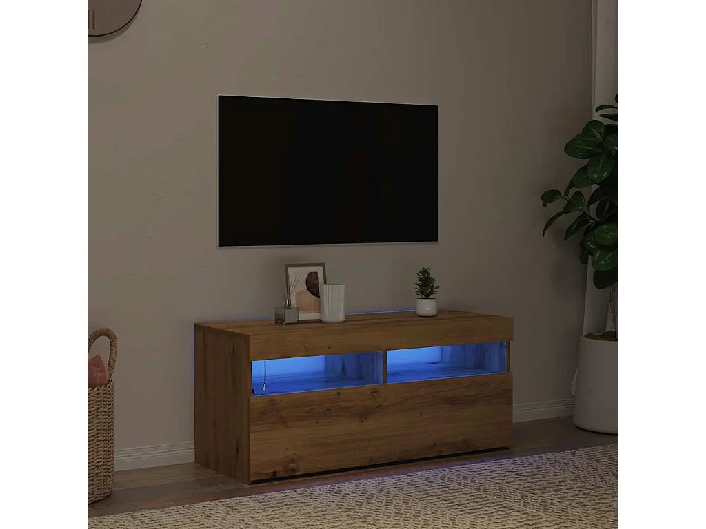 Mueble de TV | Mueble de salón luces LED madera roble artisan 90x35x40 cm