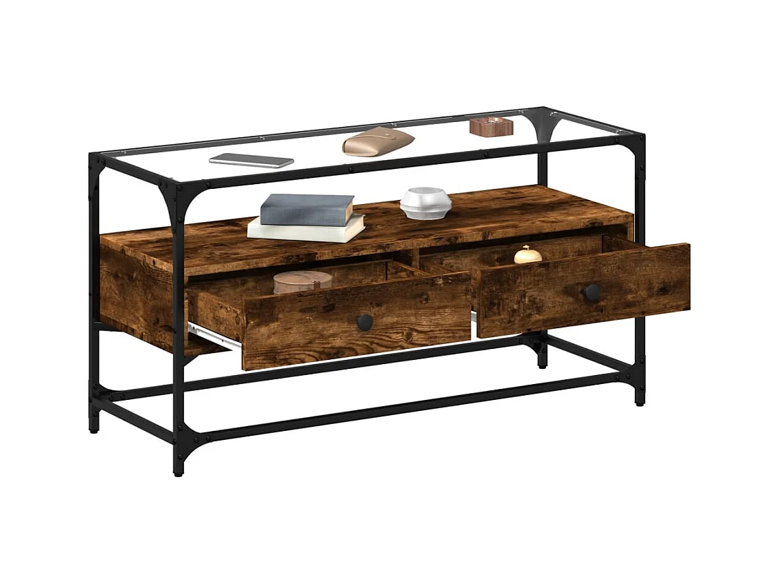 Mueble TV | Gabinete de TV | Mueble de salón cristal y madera ingeniería roble ahumado 98x35x51 cm