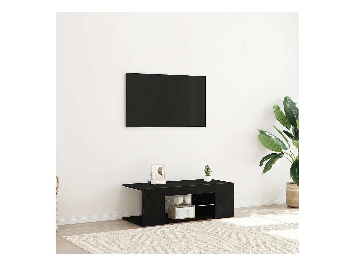 Meuble TV | Banc TV | Armoire TV avec lumières LED en chêne noir, 90x39x30 cm, en bois d'ingénierie