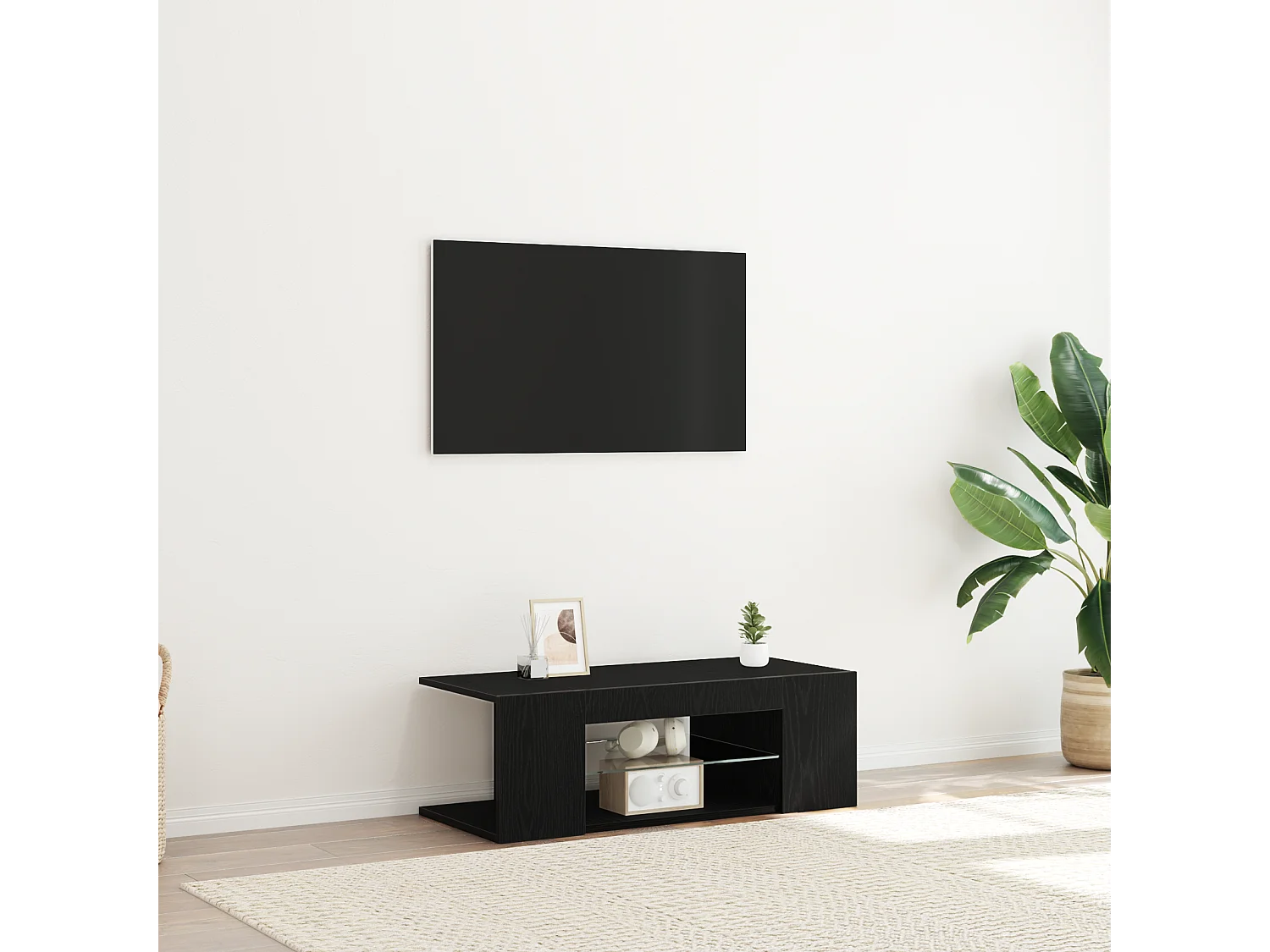 Tv-meubel | Tv-Bank | TV-kastmet LED-verlichting - Zwart Eiken - 90x39x30 cm - Geengineerd Hout