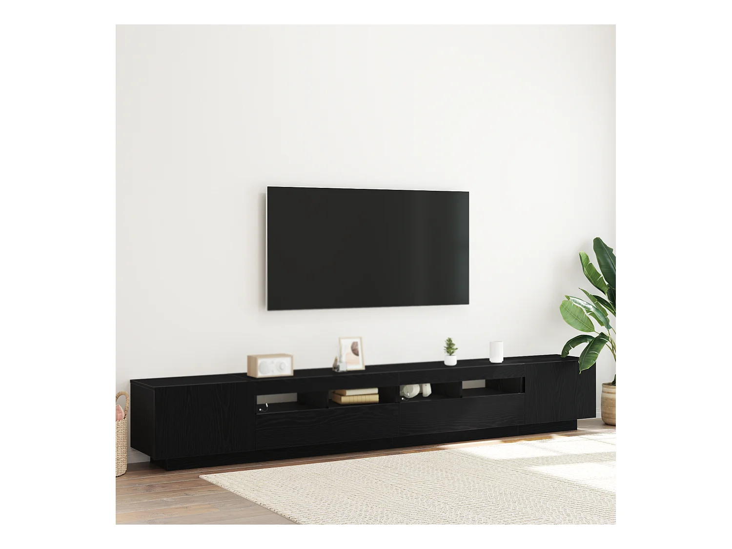 Meuble TV | Banc TV | Armoire TV avec lumières LED Chêne Noir 260x35x40 cm en bois d'ingénierie