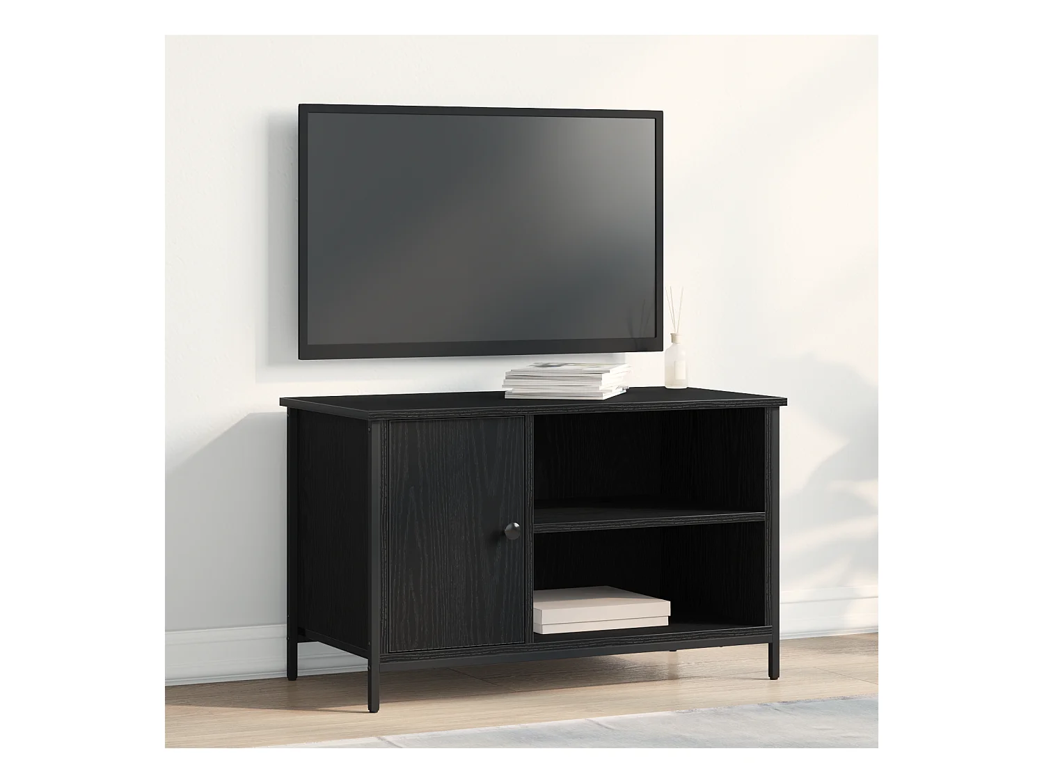 Meuble TV | Banc TV | Armoire TV en chêne noir 80x40x50 cm en bois d'ingénierie et acier