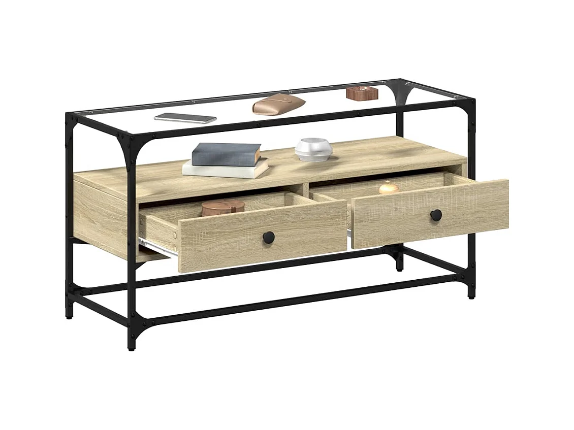 Mueble TV | Gabinete de TV | Mueble de salón cristal y madera ingeniería roble Sonoma 98x35x51 cm