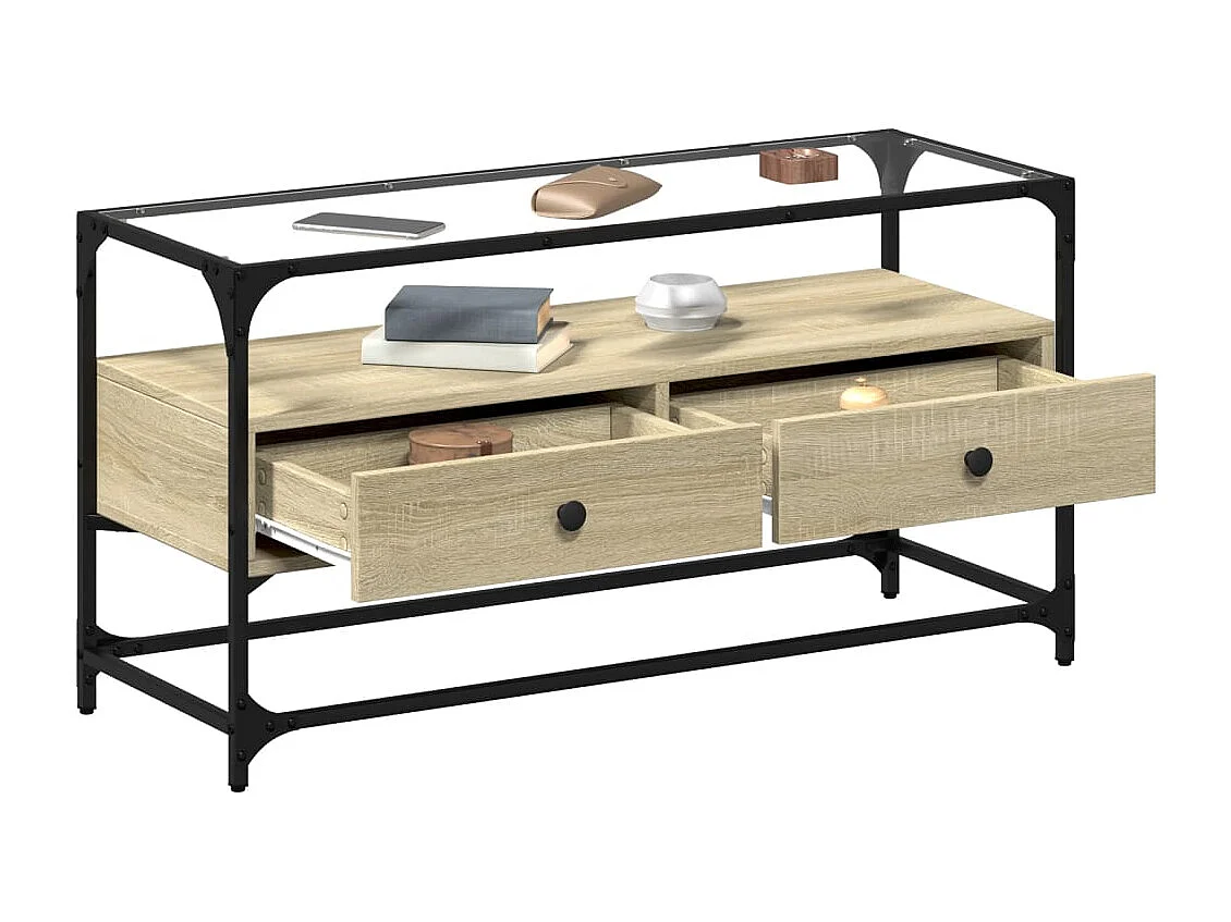 Mueble TV | Gabinete de TV | Mueble de salón cristal y madera ingeniería roble Sonoma 98x35x51 cm