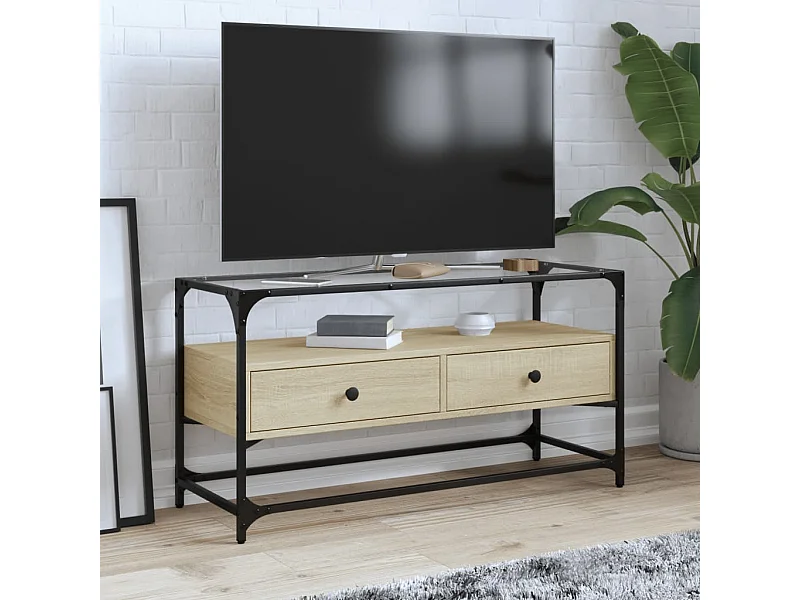 Meuble TV | Banc TV | Armoire TV avec dessus en verre chêne sonoma bois d'ingénierie