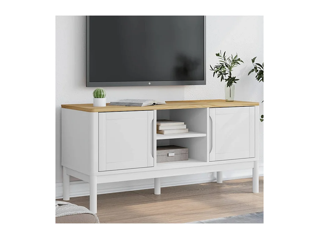 Meuble TV | Banc TV | Armoire TV FLORO blanc 114x43x55 cm bois massif de pin